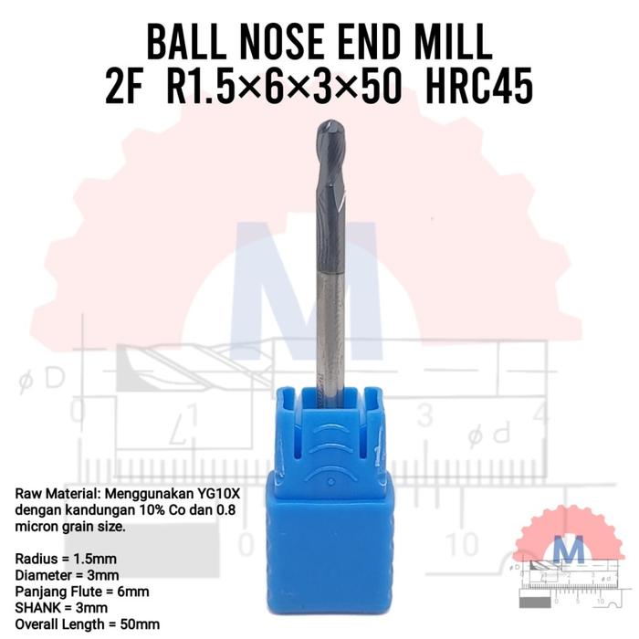 Ball Nose Endmill Carbide HRC45 Diameter 1mm – 16mm 2F