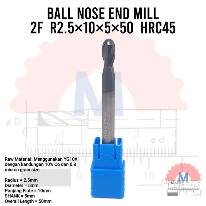 Ball Nose Endmill Carbide HRC45 Diameter 1mm – 16mm 2F