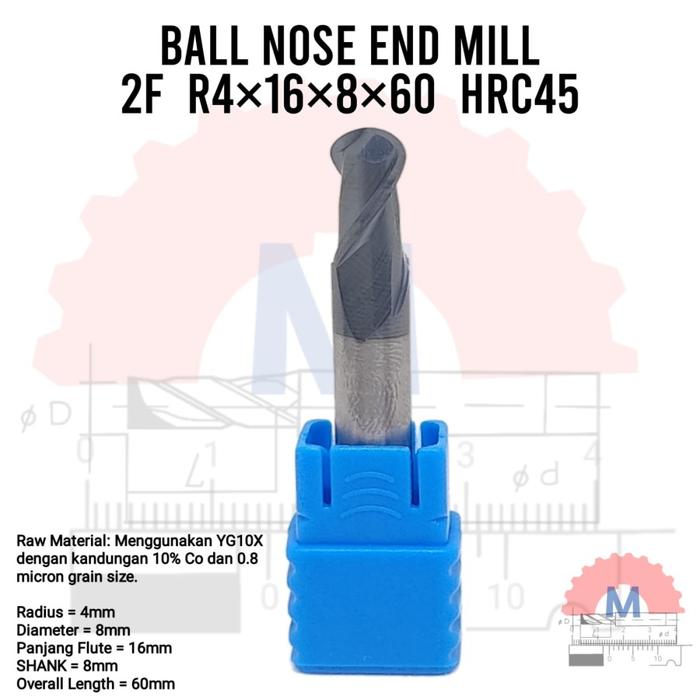 Ball Nose Endmill Carbide HRC45 Diameter 1mm – 16mm 2F
