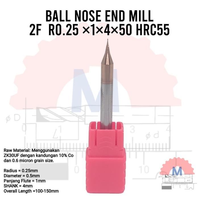 Ball Nose Endmill Carbide HRC55 Diameter 0.3mm – 16mm 2F