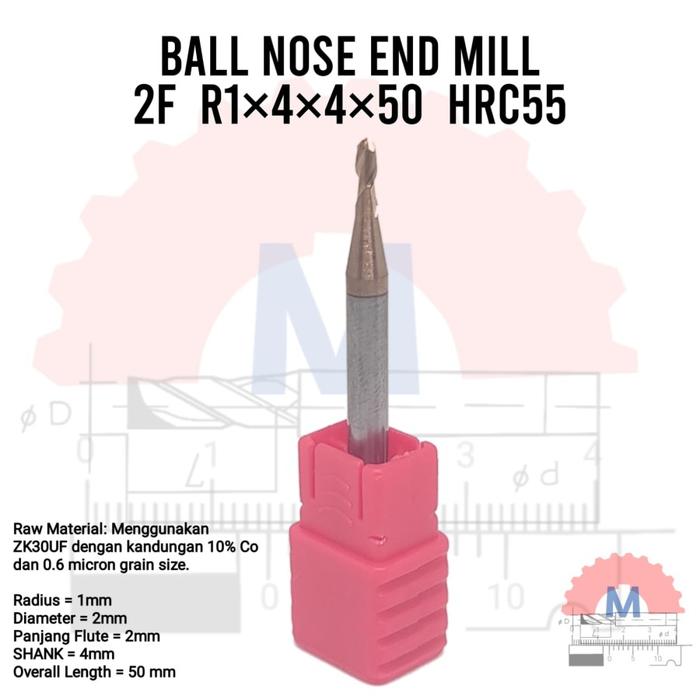 Ball Nose Endmill Carbide HRC55 Diameter 0.3mm – 16mm 2F