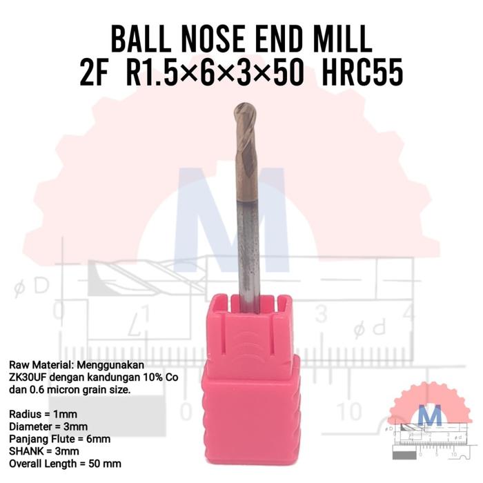 Ball Nose Endmill Carbide HRC55 Diameter 0.3mm – 16mm 2F