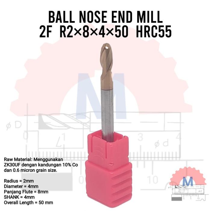 Ball Nose Endmill Carbide HRC55 Diameter 0.3mm – 16mm 2F