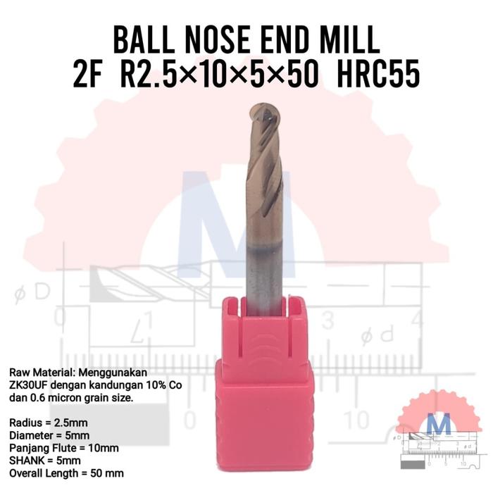 Ball Nose Endmill Carbide HRC55 Diameter 0.3mm – 16mm 2F