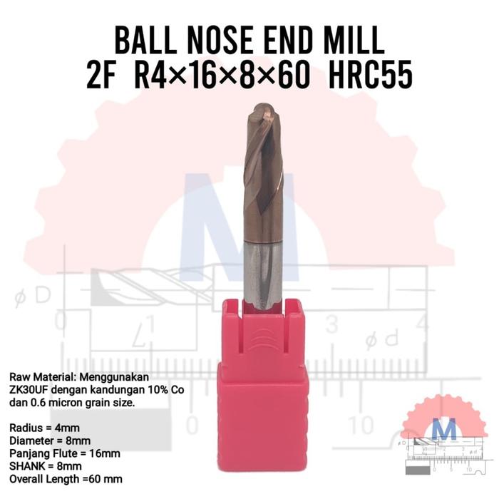 Ball Nose Endmill Carbide HRC55 Diameter 0.3mm – 16mm 2F
