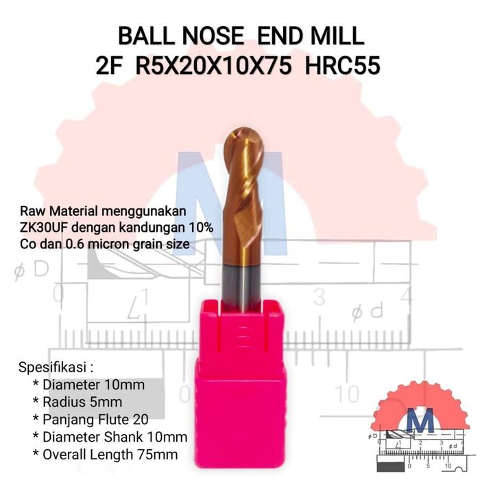 Ball Nose Endmill Carbide HRC55 Diameter 0.3mm – 16mm 2F
