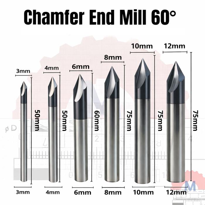 Chamfer Endmill 3F 60° V Bit CNC Router D3–D12