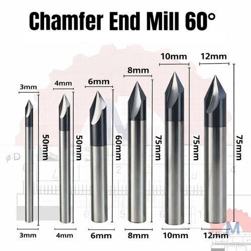 Chamfer Endmill 3F 60° V Bit CNC Router D3–D12