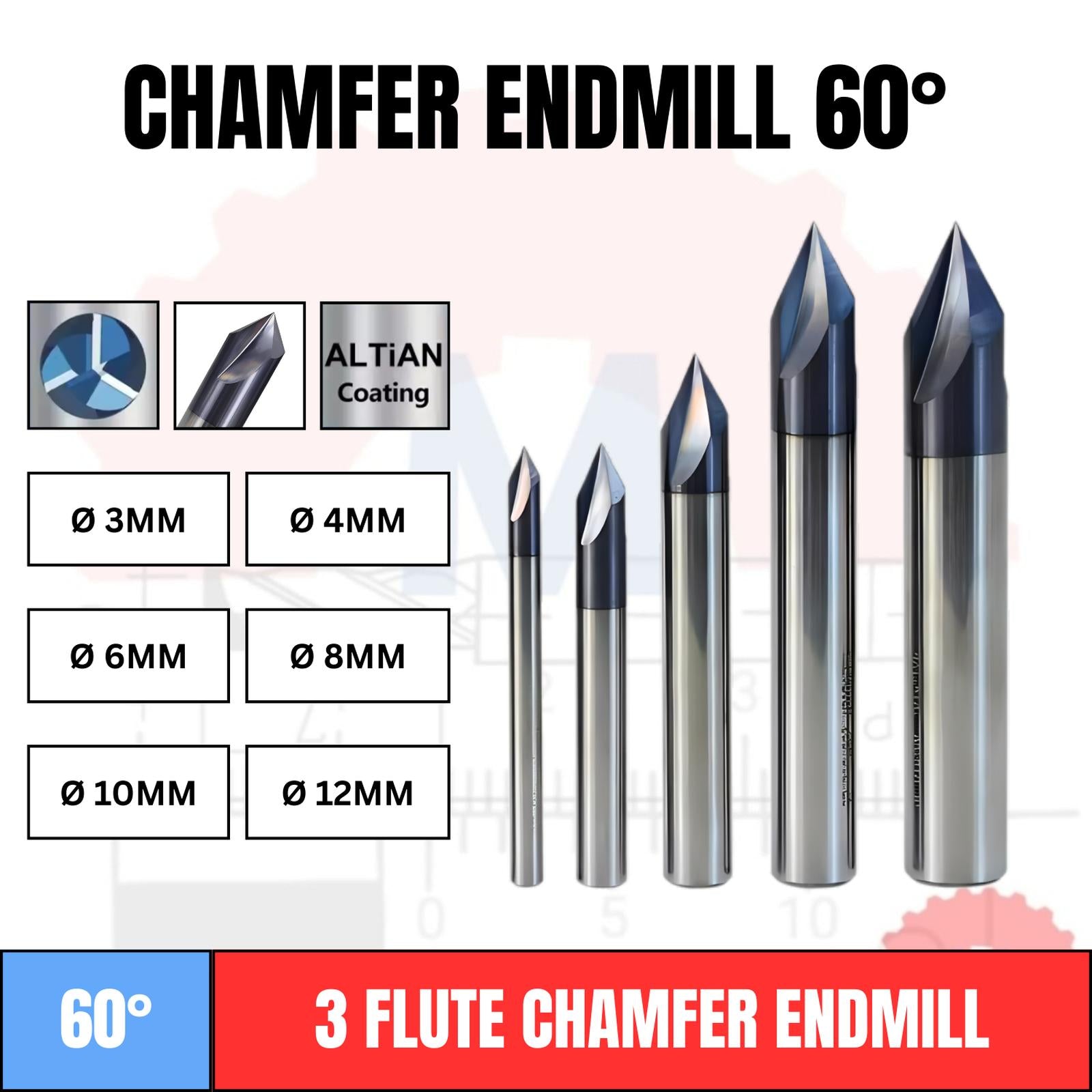 Chamfer Endmill 3F 60° V Bit CNC Router D3–D12