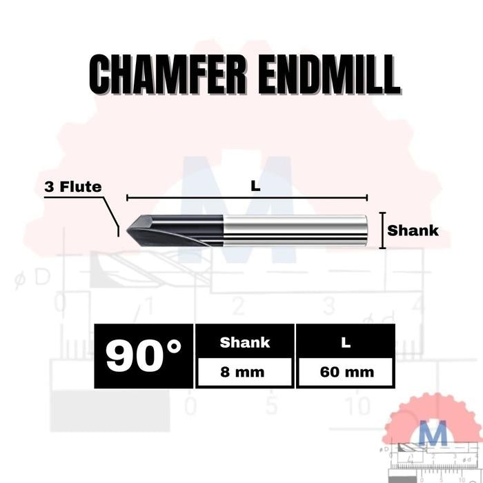 Chamfer Endmill 3F 90° V Bit CNC Router D3–D12