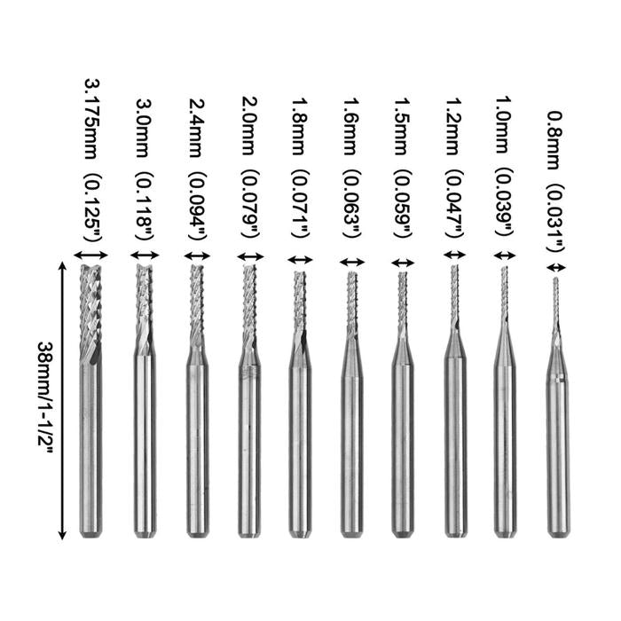 Carbide Engraving End Mill Set 10pcs Shank 3.175mm CNC Router