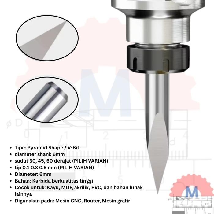 Mata Grafir V Bit Pyramid CNC Router Carbide Shank 6mm