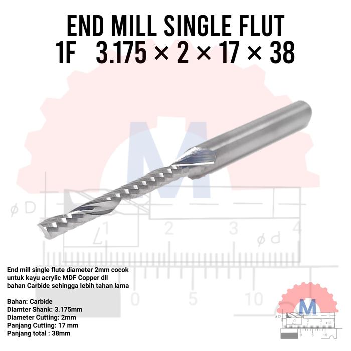 Endmill 1F Spiral 2mm Single Flute CNC Router Bit  CL 17