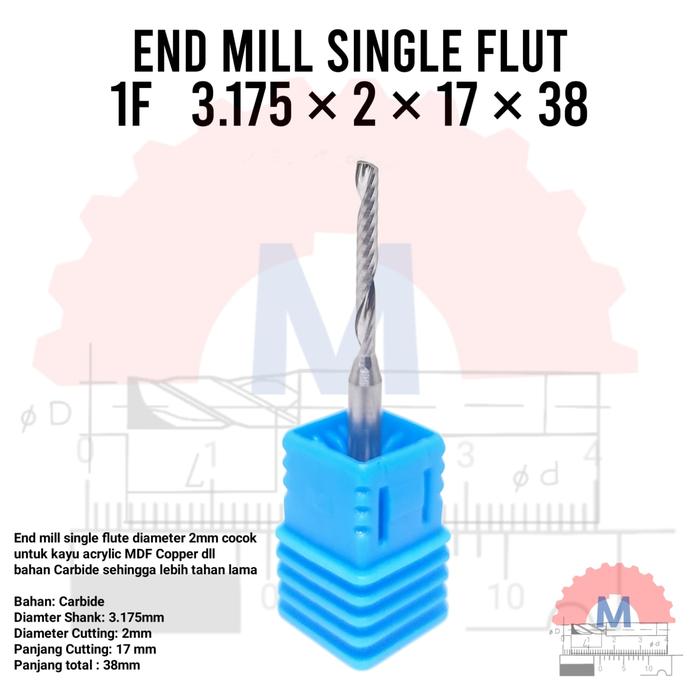 Endmill 1F Spiral 2mm Single Flute CNC Router Bit  CL 17