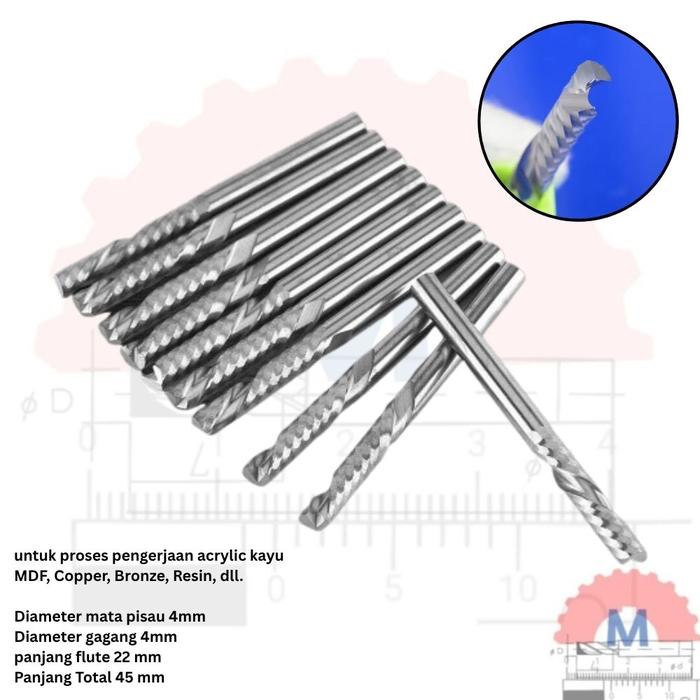 Endmill 1 Flute Spiral 4mm CNC Router Bit Single Flute End Mill
