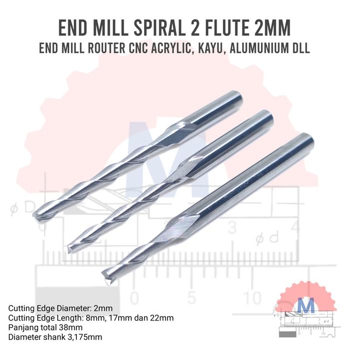 Endmill 2 Flute Spiral 2mm CNC Router Bit Carbide