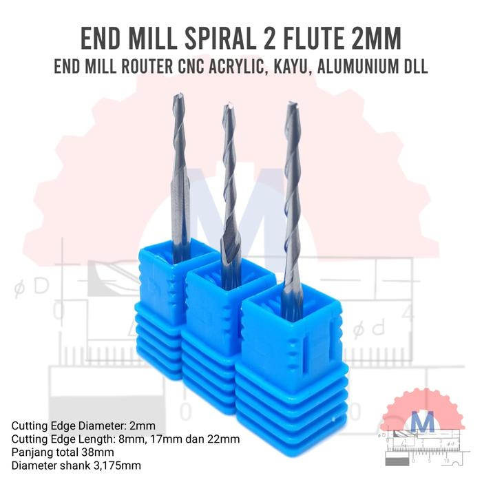 Endmill 2 Flute Spiral 2mm CNC Router Bit Carbide