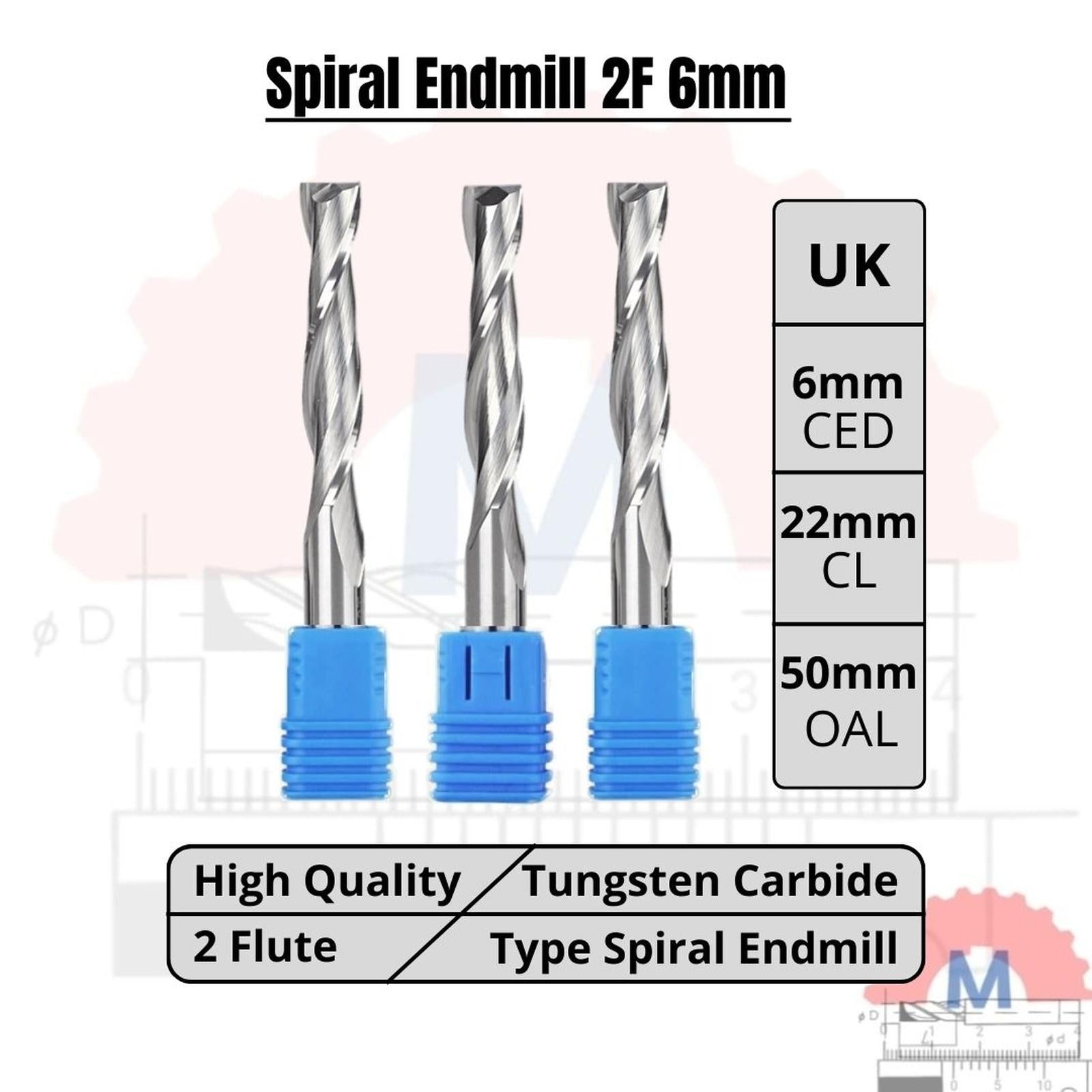 Endmill 2 Flute Spiral 6mm Carbide CNC Router Bit
