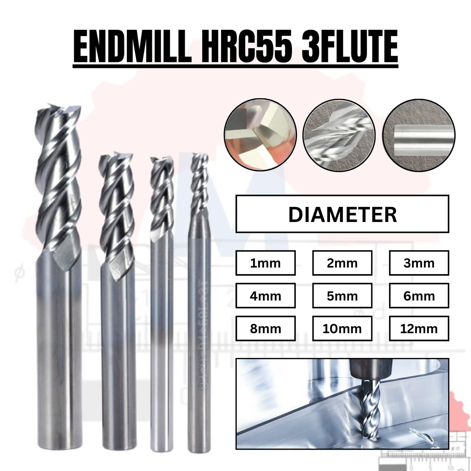 Endmill Carbide HRC55 3 Flute Aluminium Uncoated