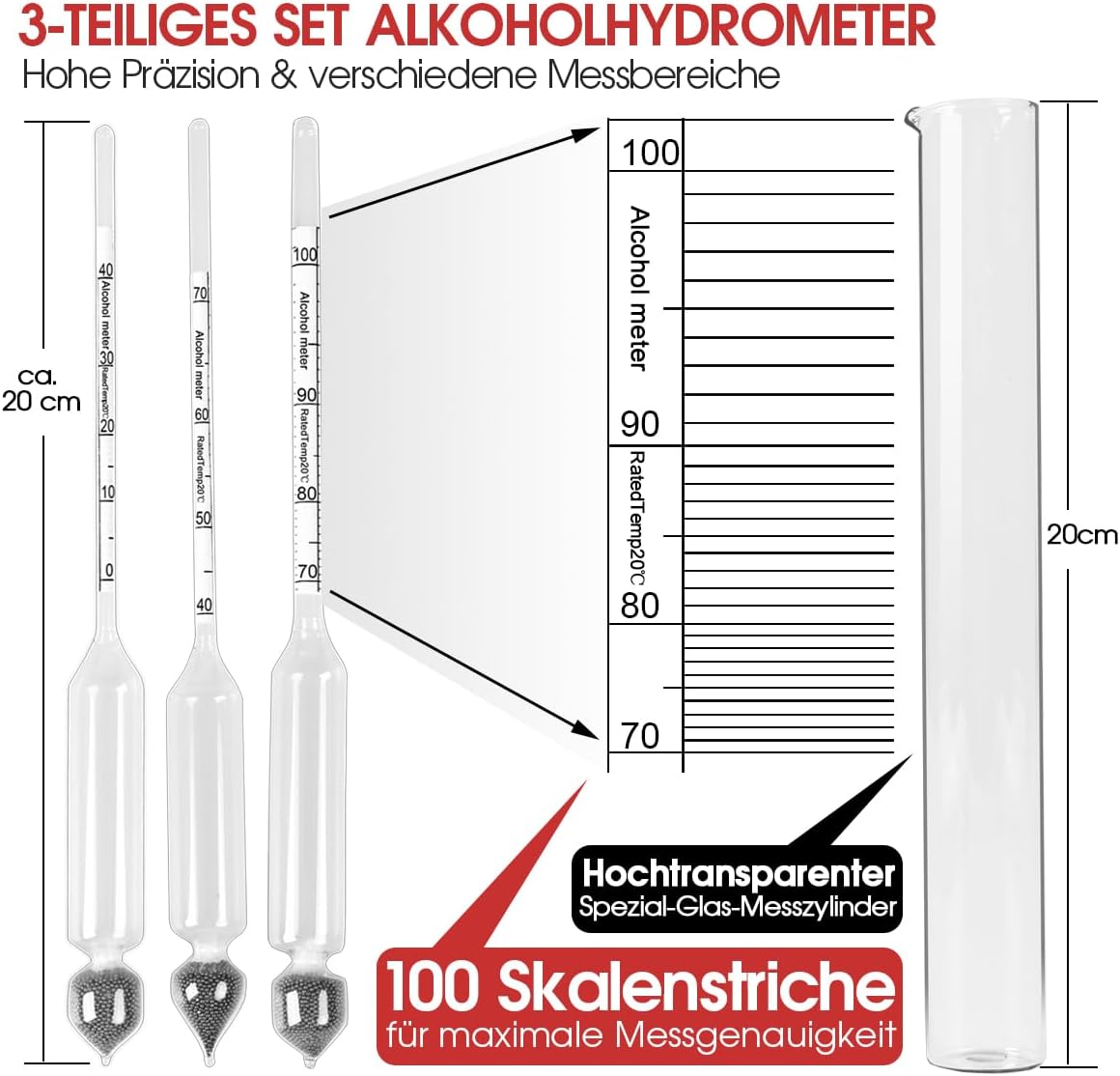 Alcohol Hydrometer Ethanol Tester Set 0-50 & 0-100