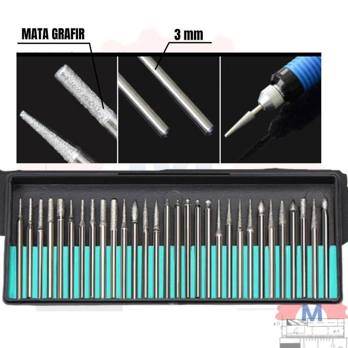 Diamond Mounted Point Set 30pcs Shank 3mm / Mata Ukir Mini Die Grinder
