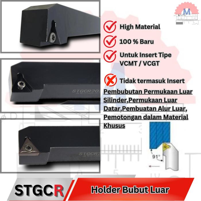 Stang Bubut Luar STGCR Holder TCMT (Tanpa Insert) External Turning Tool
