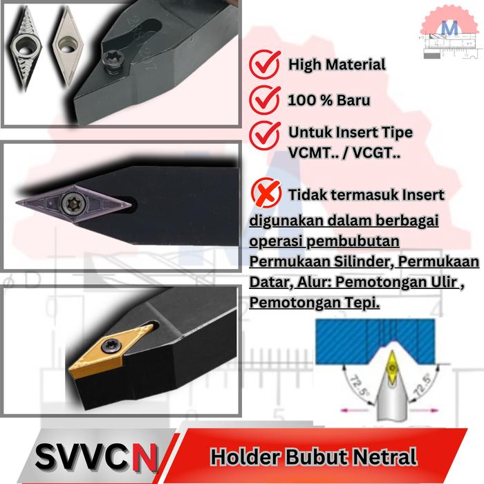 Stang Bubut Netral SVVCN Holder VCMT (Tanpa Insert) External Turning Tool