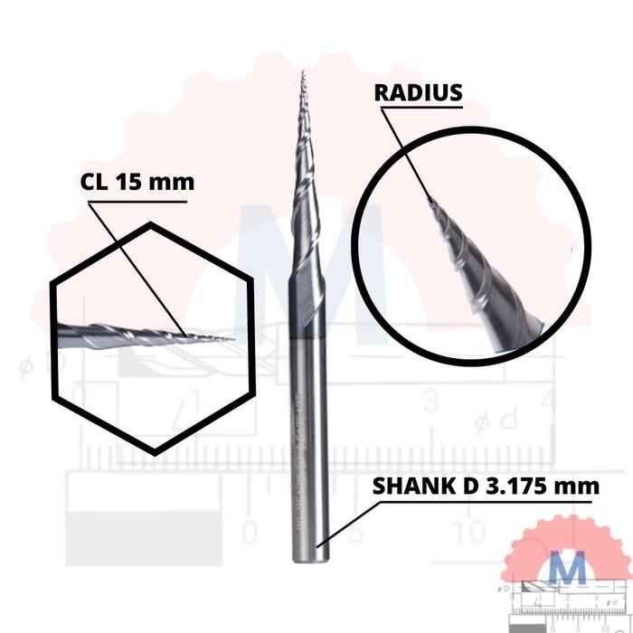 Taper Ballnose CNC Router Bit 2F (3.175mm 4mm 6mm) / Mata CNC Ukir Kayu