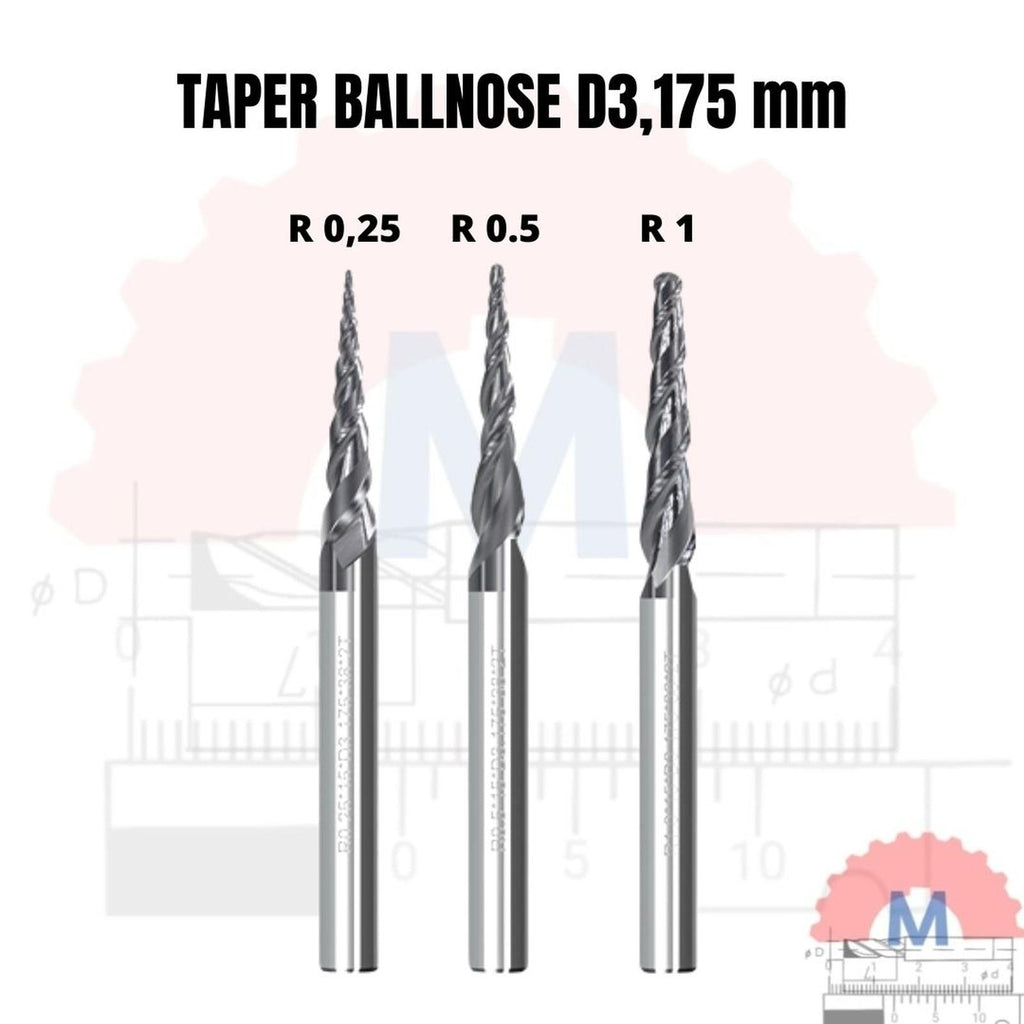 Taper Ballnose CNC Router Bit 2F (3.175mm 4mm 6mm) / Mata CNC Ukir Kayu