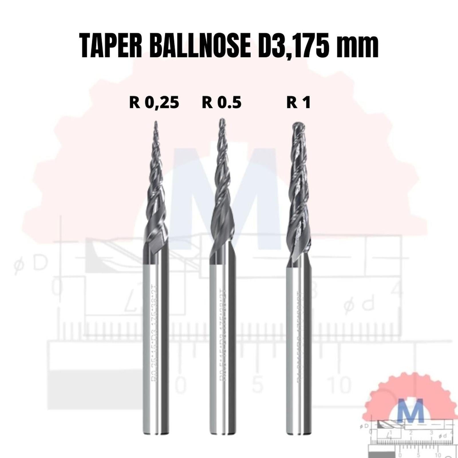 Taper Ballnose CNC Router Bit 2F (3.175mm 4mm 6mm) / Mata CNC Ukir Kayu