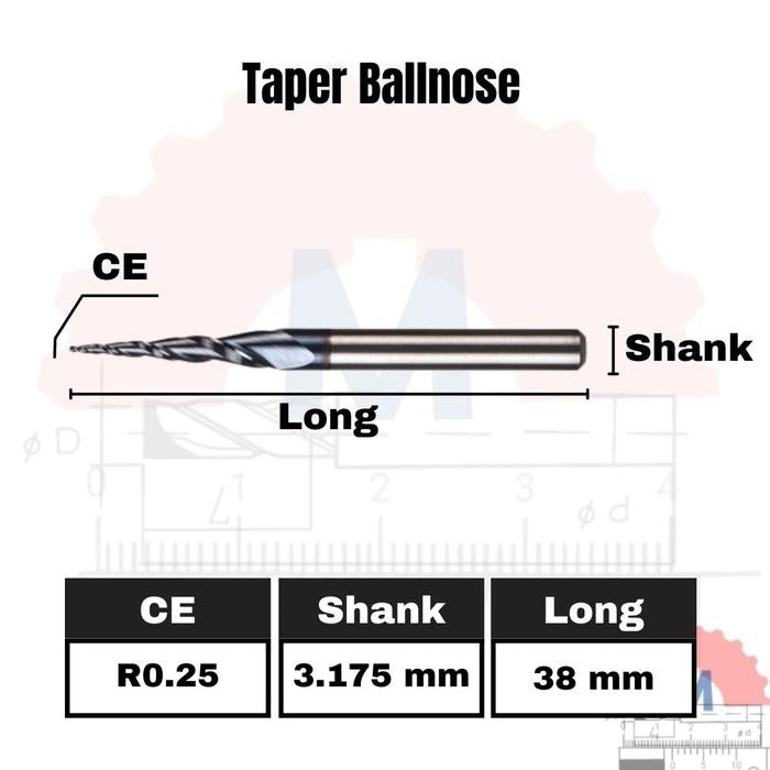 Taper Ballnose CNC Router Bit 2F (3.175mm 4mm 6mm) / Mata CNC Ukir Kayu