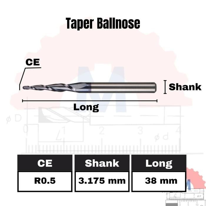 Taper Ballnose CNC Router Bit 2F (3.175mm 4mm 6mm) / Mata CNC Ukir Kayu