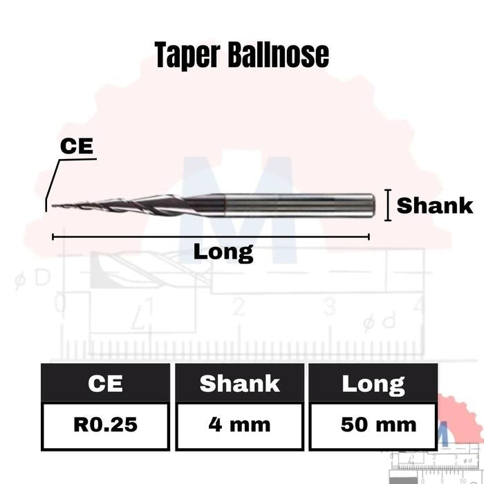 Taper Ballnose CNC Router Bit 2F (3.175mm 4mm 6mm) / Mata CNC Ukir Kayu