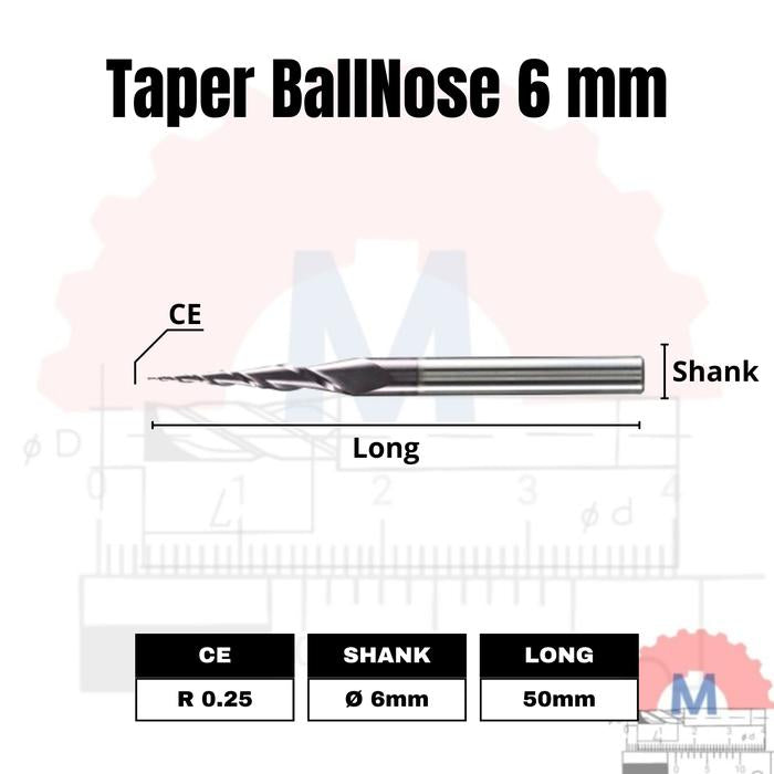 Taper Ballnose CNC Router Bit 2F (3.175mm 4mm 6mm) / Mata CNC Ukir Kayu