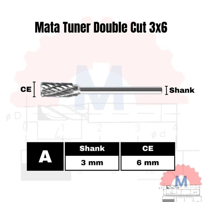 Mata Tuner Carbide 3x6mm Double Cut Single Cut / Carbide Burr 3mm Shank 6mm Head