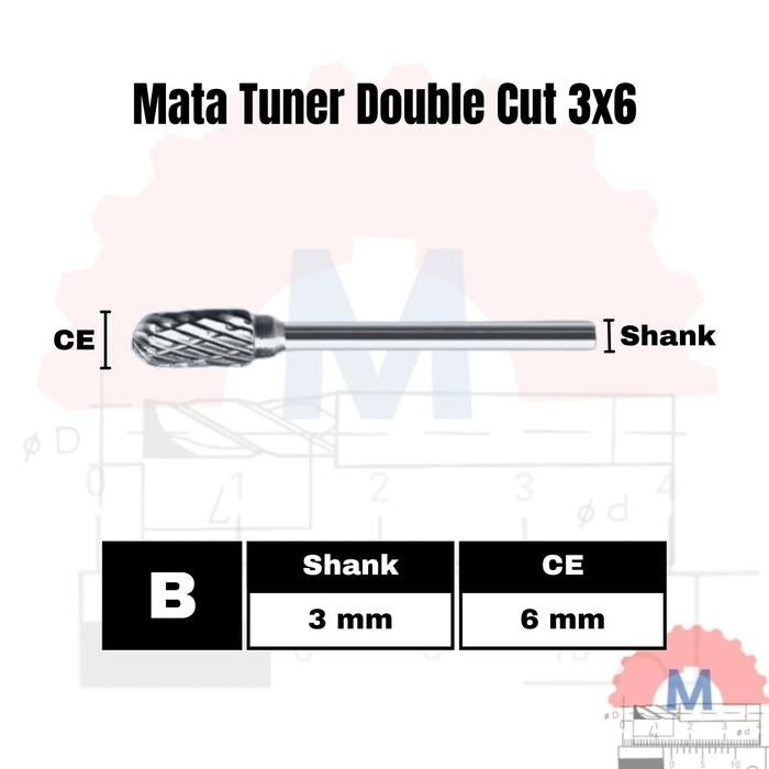 Mata Tuner Carbide 3x6mm Double Cut Single Cut / Carbide Burr 3mm Shank 6mm Head
