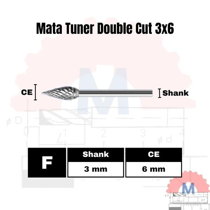 Mata Tuner Carbide 3x6mm Double Cut Single Cut / Carbide Burr 3mm Shank 6mm Head