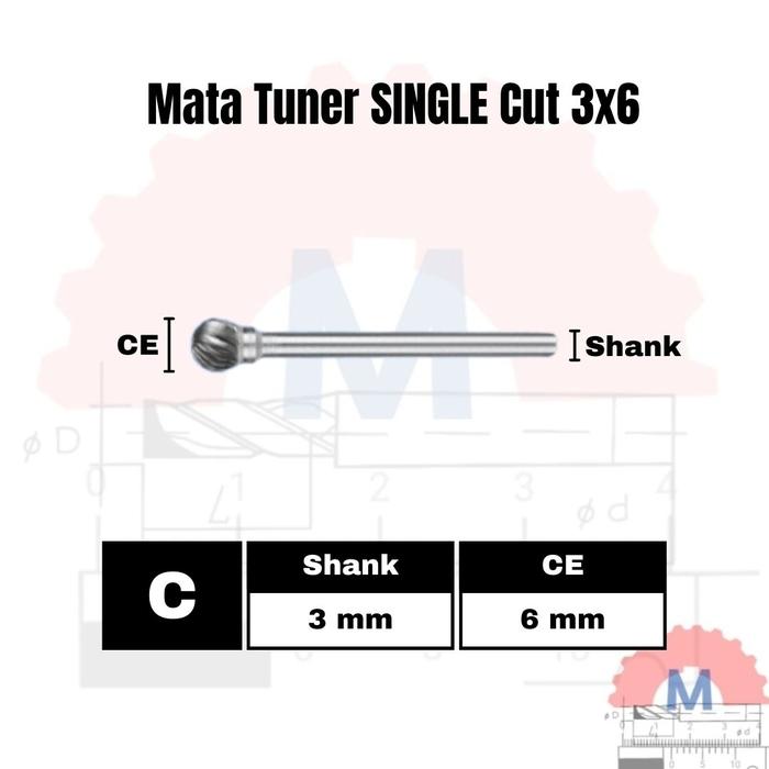 Mata Tuner Carbide 3x6mm Double Cut Single Cut / Carbide Burr 3mm Shank 6mm Head