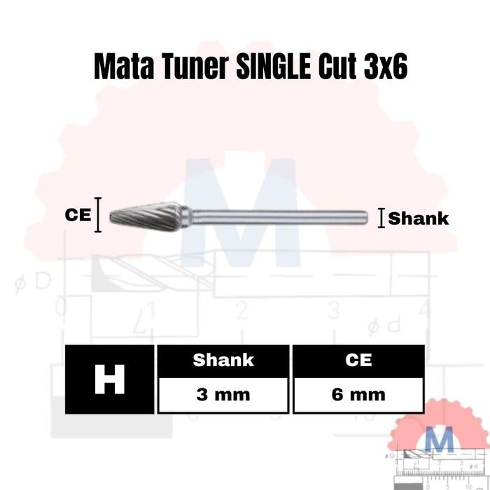 Mata Tuner Carbide 3x6mm Double Cut Single Cut / Carbide Burr 3mm Shank 6mm Head